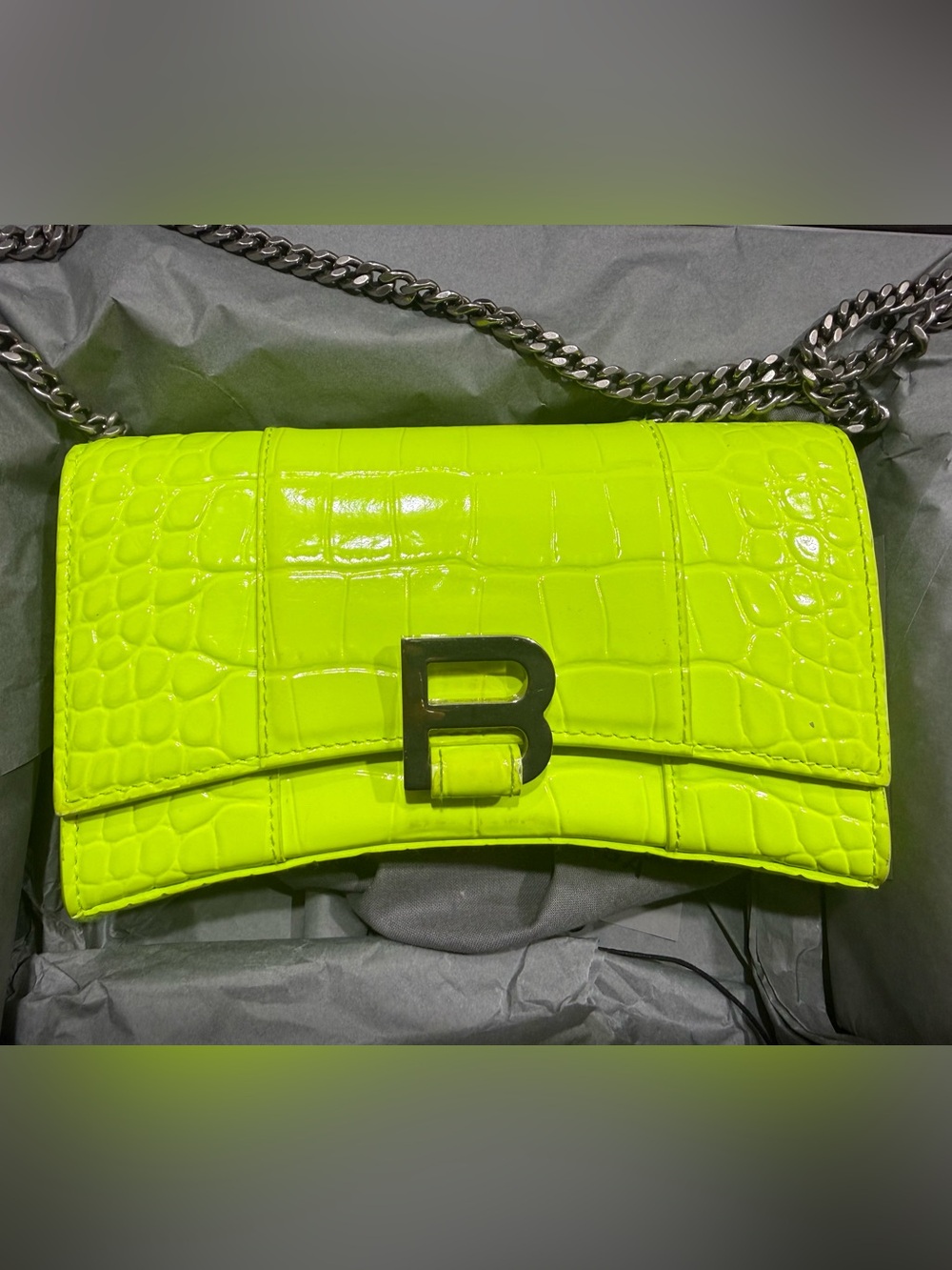 Balenciaga Neon Yellow Croc-Embossed Crossbody with Chain